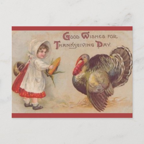 Vintage Girl Gives Corn to Turkey Thanksgiving Postcard