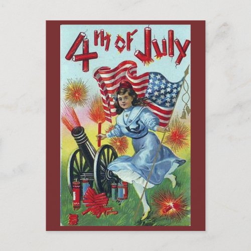 Vintage Girl Going All Out On 4th Of July Postcard