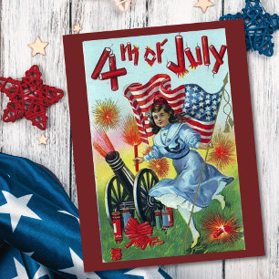 Vintage Girl Going All Out On 4th Of July Postcard