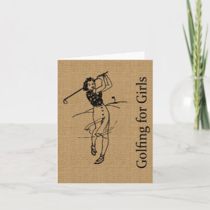 Vintage Girl Golfer on Faux Burlap Decorative Card