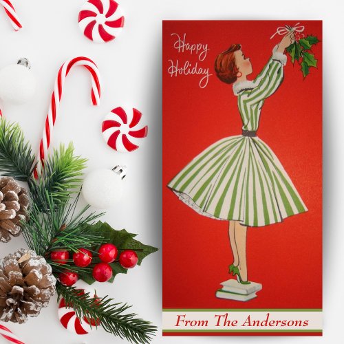 Vintage Girl Hanging Mistletoe Custom Christmas Holiday Card