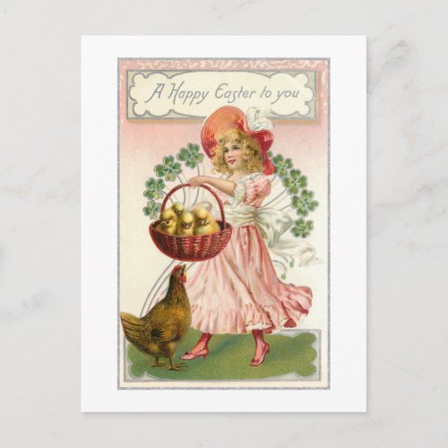 Vintage Girl Hen Shamrocks  Easter Wishes Postcard