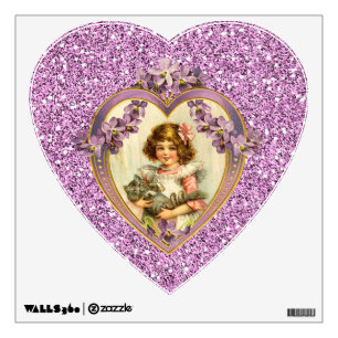 Vintage Girl Holding Cat Lavender Heart Frame Wall Sticker