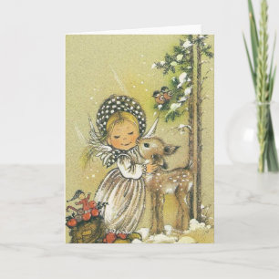 Vintage Girl Hugging Baby Deer Holiday Card