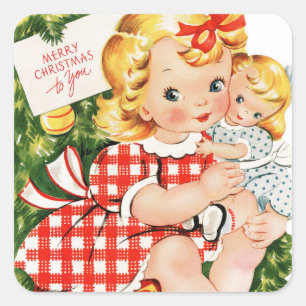 Vintage Girl Hugging Doll Square Sticker