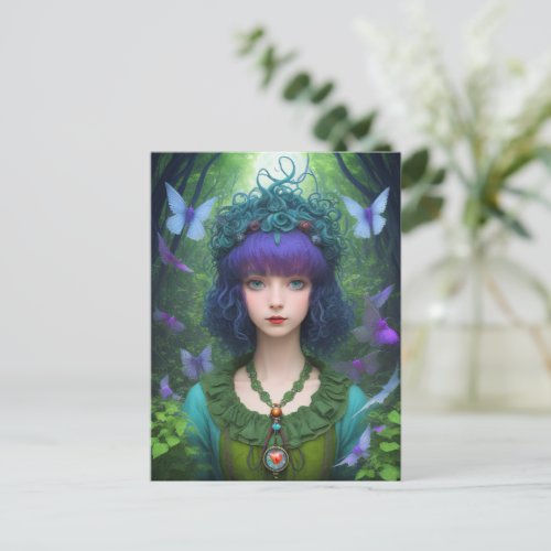 Vintage Girl In A Forest Of Butterflies Postcard