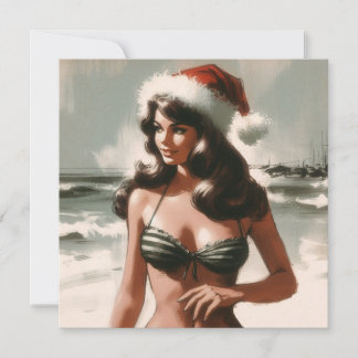 Vintage Girl in Bikini and Santa Hat Retro Pin Up Holiday Card