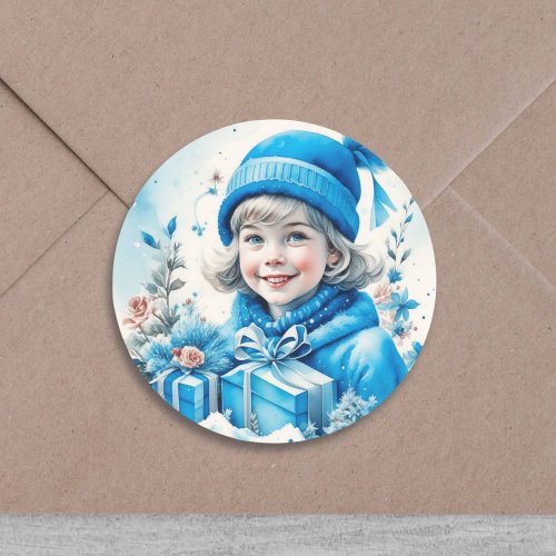 Vintage Girl in Blue with Gift Box and Flowers Classic Round Sticker