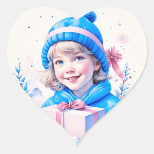 Vintage Girl in Blue with Gift Box Heart Sticker