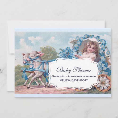 Vintage Girl in Carriage with Lambs Baby Shower Invitation