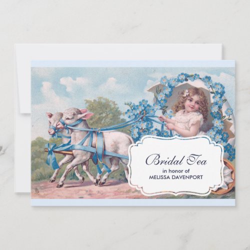 Vintage Girl in Carriage with Lambs Bridal Tea Invitation