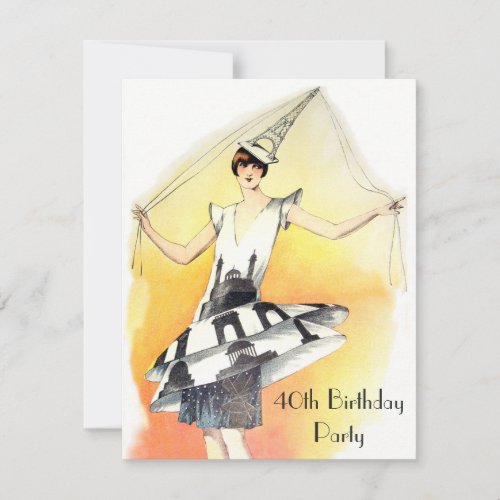 Vintage Girl in Eiffel Tower Costume 40th Birthday Invitation