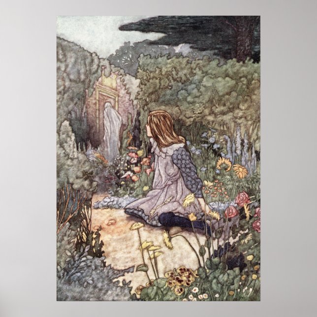 Vintage Girl in Flower Garden by Charles Robinson Poster (Front)
