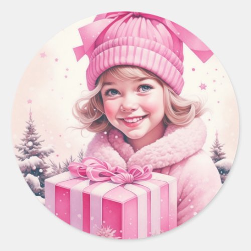 Vintage Girl in Pink with Gift Box Classic Round Sticker