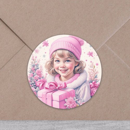 Vintage Girl in Pink with Gift Box Classic Round Sticker