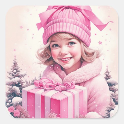 Vintage Girl in Pink with Gift Box Square Sticker