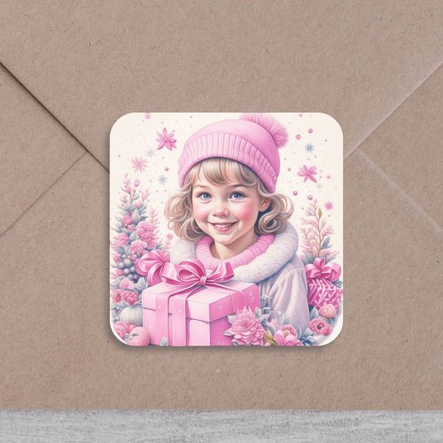 Vintage Girl in Pink with Gift Box Square Sticker