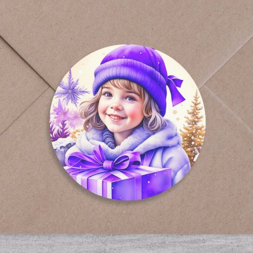 Vintage Girl in Purple with Gift Box and Flowers Classic Round Sticker
