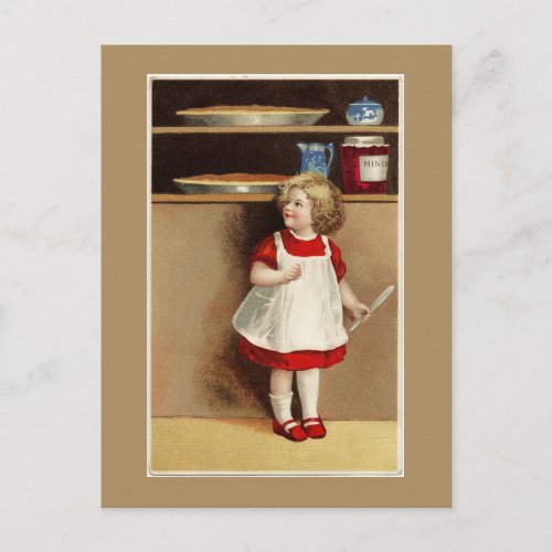 Vintage Girl in Red Dress and Pumpkin Pies Postcard