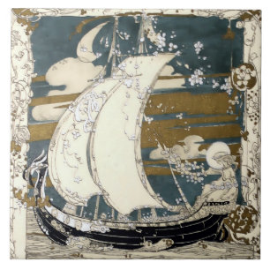 Vintage Girl In Sailboat by Jessie Marion King Ceramic Tile