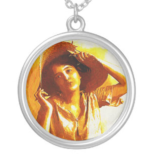 Vintage Girl In Straw Hat Necklace