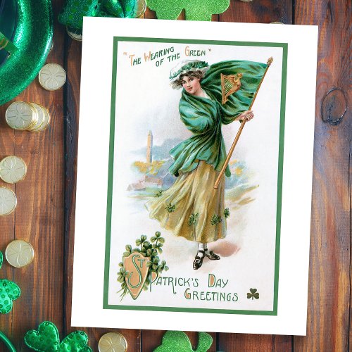 Vintage Girl Irish Flag Wearing of the Green Holiday Postcard