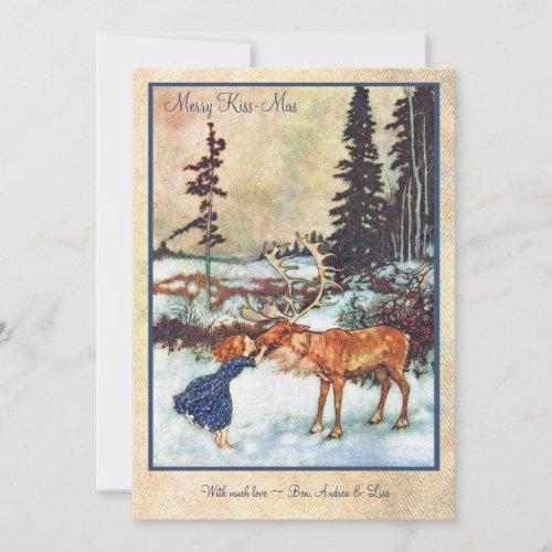 Vintage Girl Kissing Moose Card