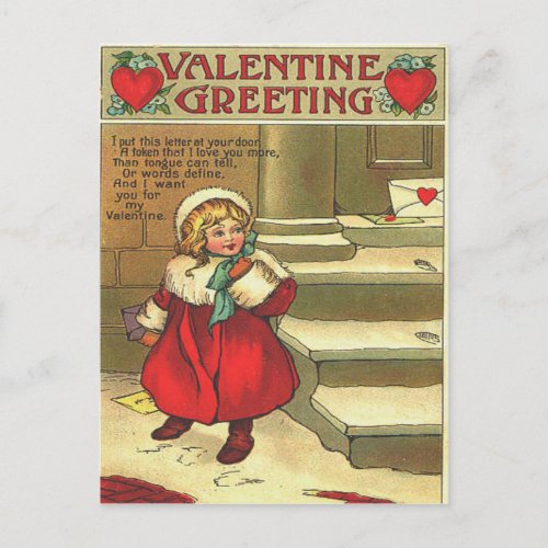Vintage Girl Leaving Valentine Card On Doorstep
