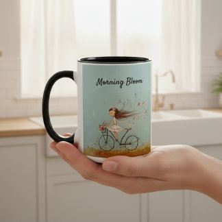 Vintage Girl on Bicycle Personalized Floral Two-Tone Coffee Mug