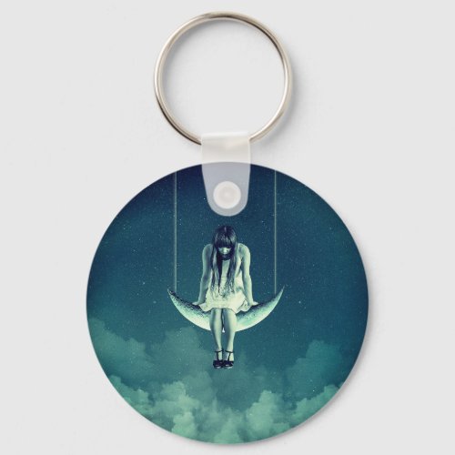 Vintage girl on crescent moon keychain