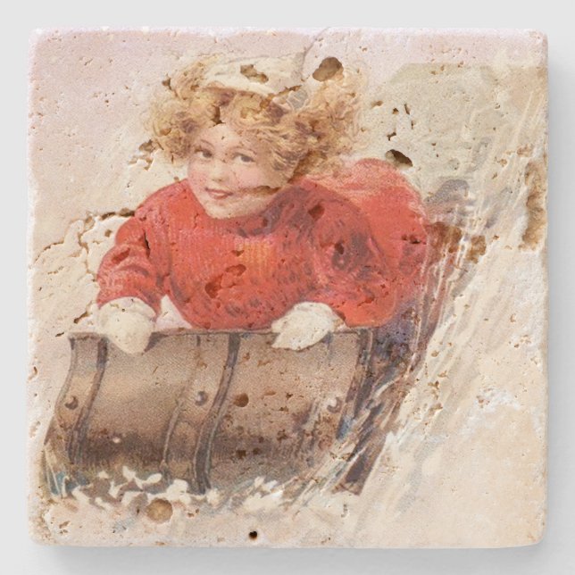 Vintage Girl on Toboggan Christmas Stone Coaster (Front)
