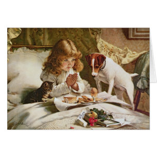 Vintage - Girl & Pets Saying Breakfast Prayers, Cards