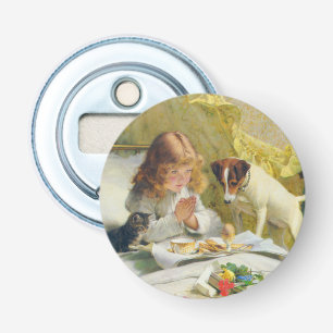 Vintage Girl Praying with Cat & Dog Art Suspense Bottle Opener