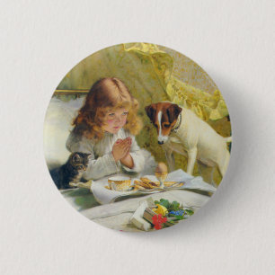 Vintage Girl Praying with Cat & Dog Art Suspense Button