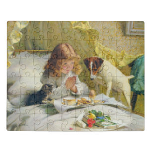 Vintage Girl Praying with Cat & Dog Art Suspense Jigsaw Puzzle