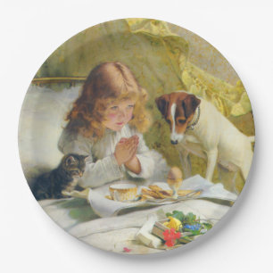 Vintage Girl Praying with Cat & Dog Art Suspense Paper Plates
