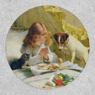 Vintage Girl Praying with Cat & Dog Art Suspense Patch