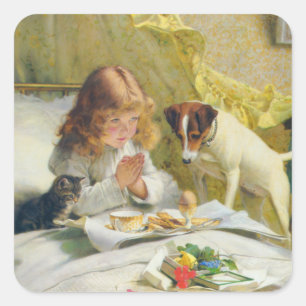 Vintage Girl Praying with Cat & Dog Art Suspense Square Sticker