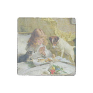 Vintage Girl Praying with Cat & Dog Art Suspense Stone Magnet