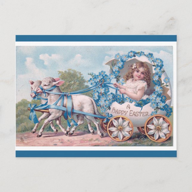 Vintage Girl Pulled by Lambs Easter Greetings Postcard (Front)