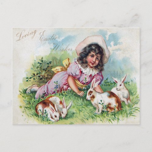 Vintage Girl Rabbits Antique Easter Holiday Postcard