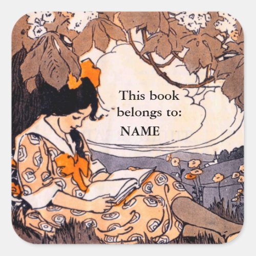 Vintage girl reading book plate
