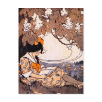 Vintage Girl Reading Under a Tree Postcard Vintage Girl Reading Under a Tree Postcard