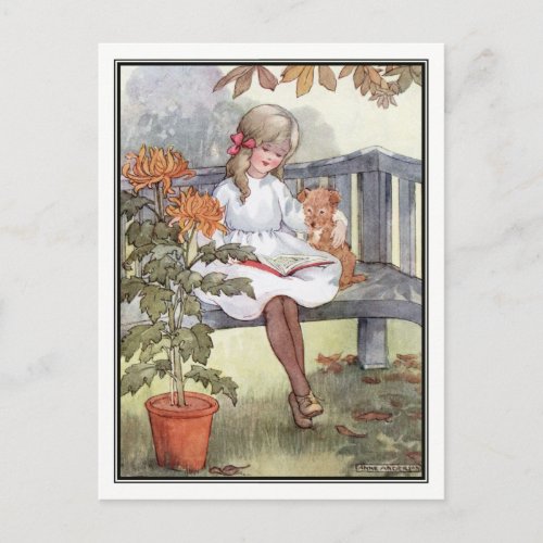 Vintage Girl Reading With Dog by Anne Anderson Postcard