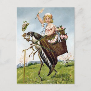 Vintage Girl Riding Insect Postcard