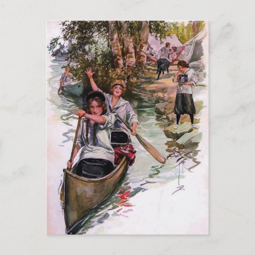 Vintage Girl Scout Campers Canoeing Postcard