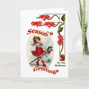 Vintage Girl Seasons Greetings for Mailman Holiday Card
