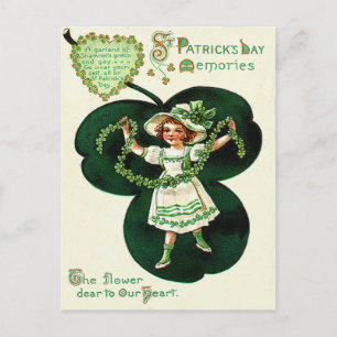 Vintage Girl Shamrock Garland St Patrick's Day Car Postcard