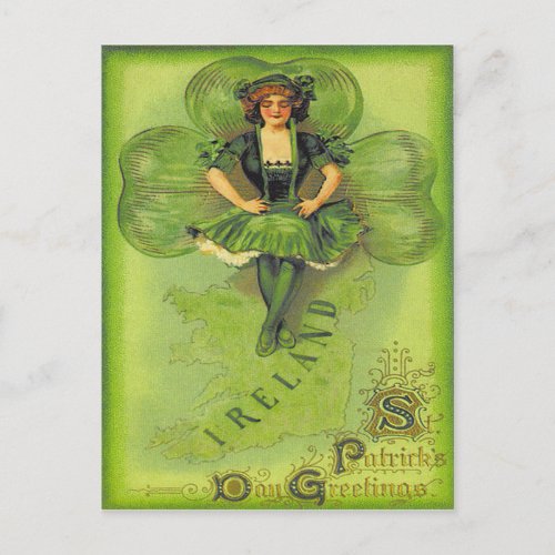 Vintage Girl Shamrock Ireland St Patricks Day Car Postcard