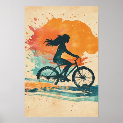 Vintage Girl Silhouette Biking Poster